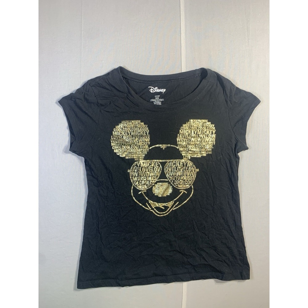 Disney Mickey Mouse T Shirt Womens Small Cap Sleeve Black Gold Logo Sunglasses